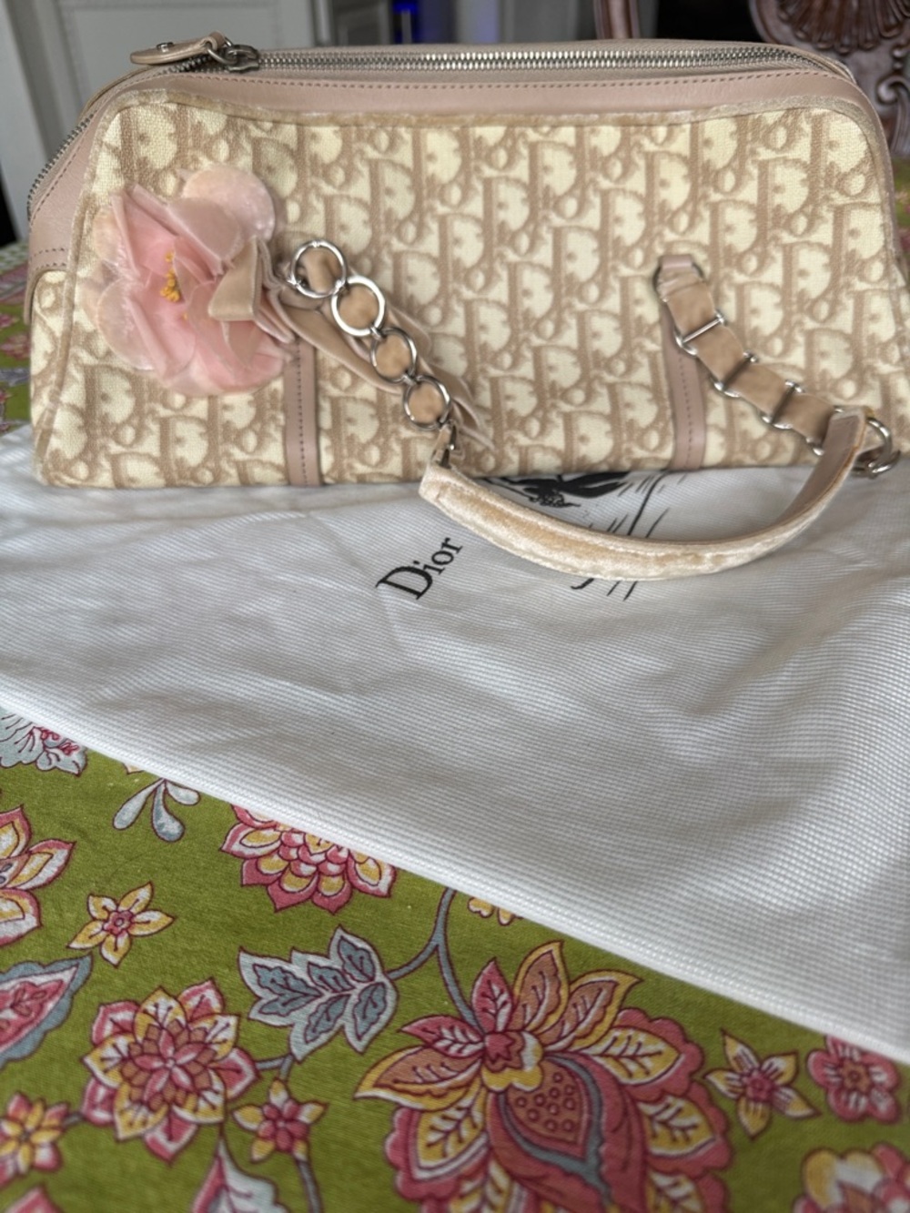 Dior Beige Monogram Shoulder Bag with Pink Floral Charm